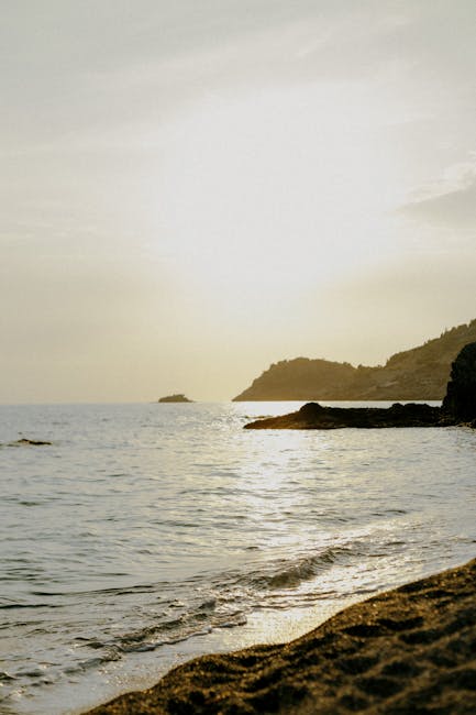 A serene view of the beach and ocean with a golden sunset illuminating the coastline.